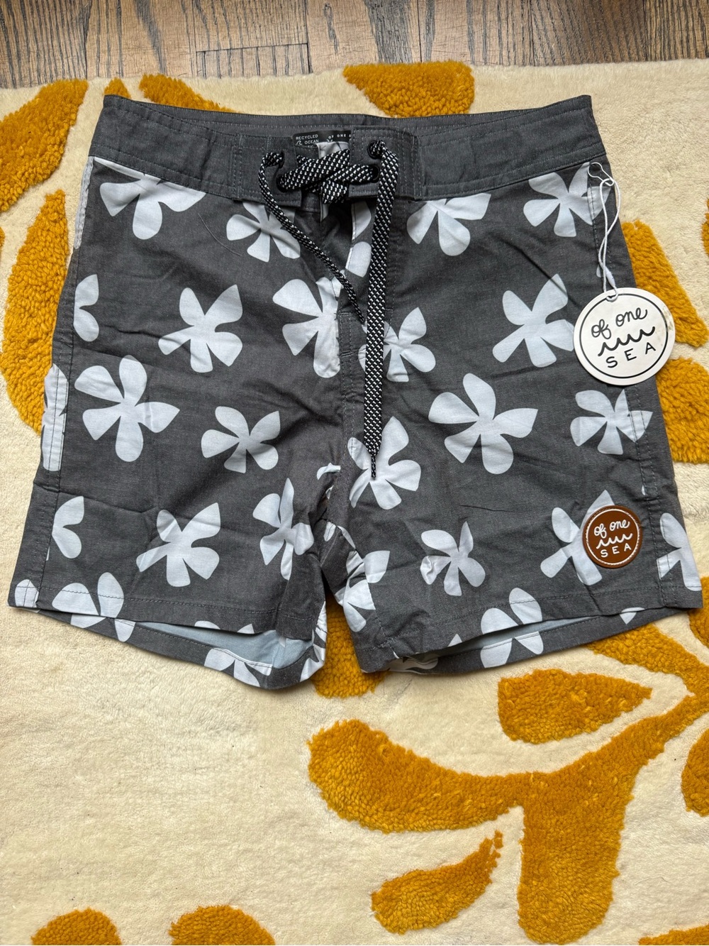 One One Sea Black Floral Kids Swim Trunks